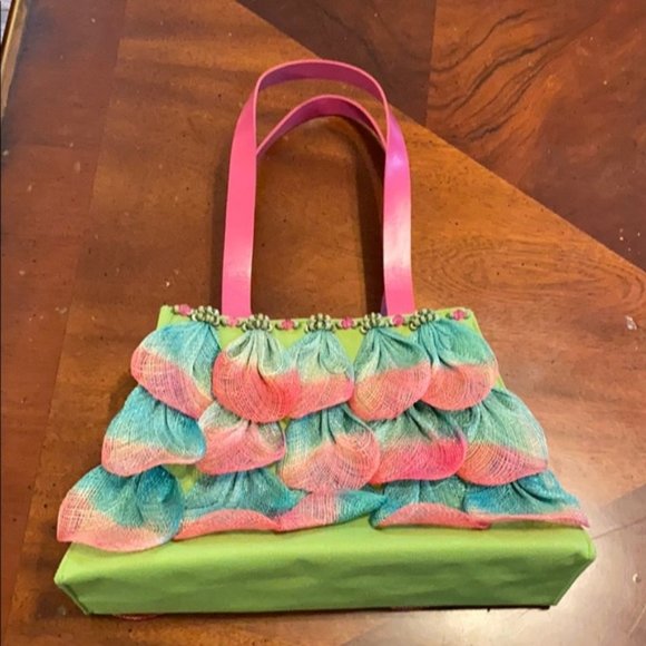 Colorful beaded canvas bag with mesh petal embellishment - Picture 1 of 6